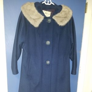 VTG MARTINS Navy Wool Swing Coat Mink Collar Lined